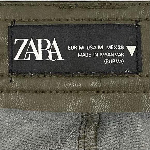 Zara Faux Leather Pants Womens Size Medium Olive Green Hi Rise Ankle Zip Legging - Picture 2 of 12